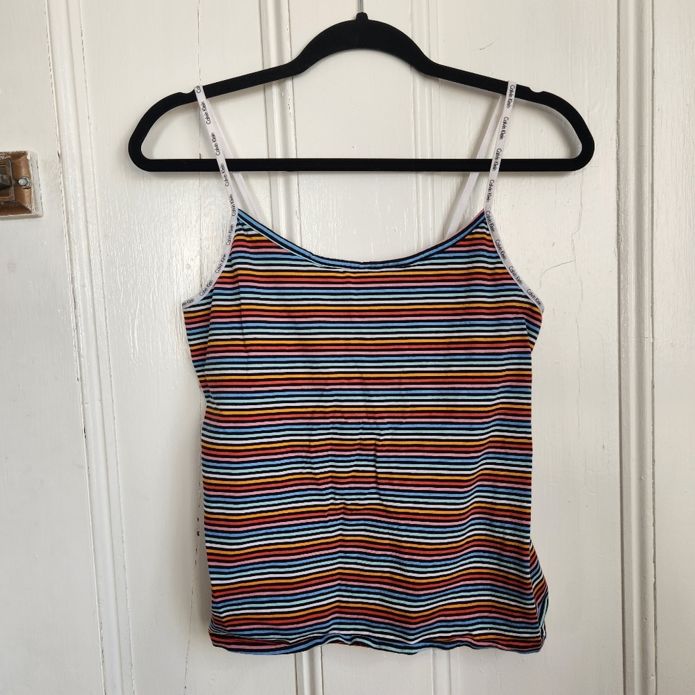 Calvin Klein Rainbow Striped Y2K Cotton Tank Top with Built-In Shelf Bra Size L